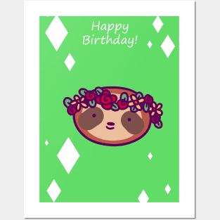 Happy Birthday - Flower Crown Sloth Face Posters and Art